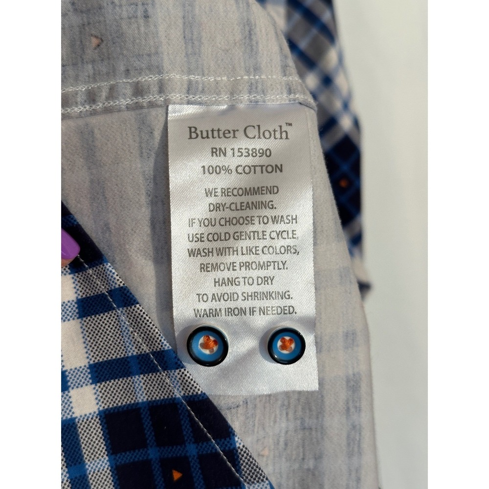 Butter Cloth‎ Mens 2XL Blue White Plaid Long Sleeve Button Down Cotton Shirt